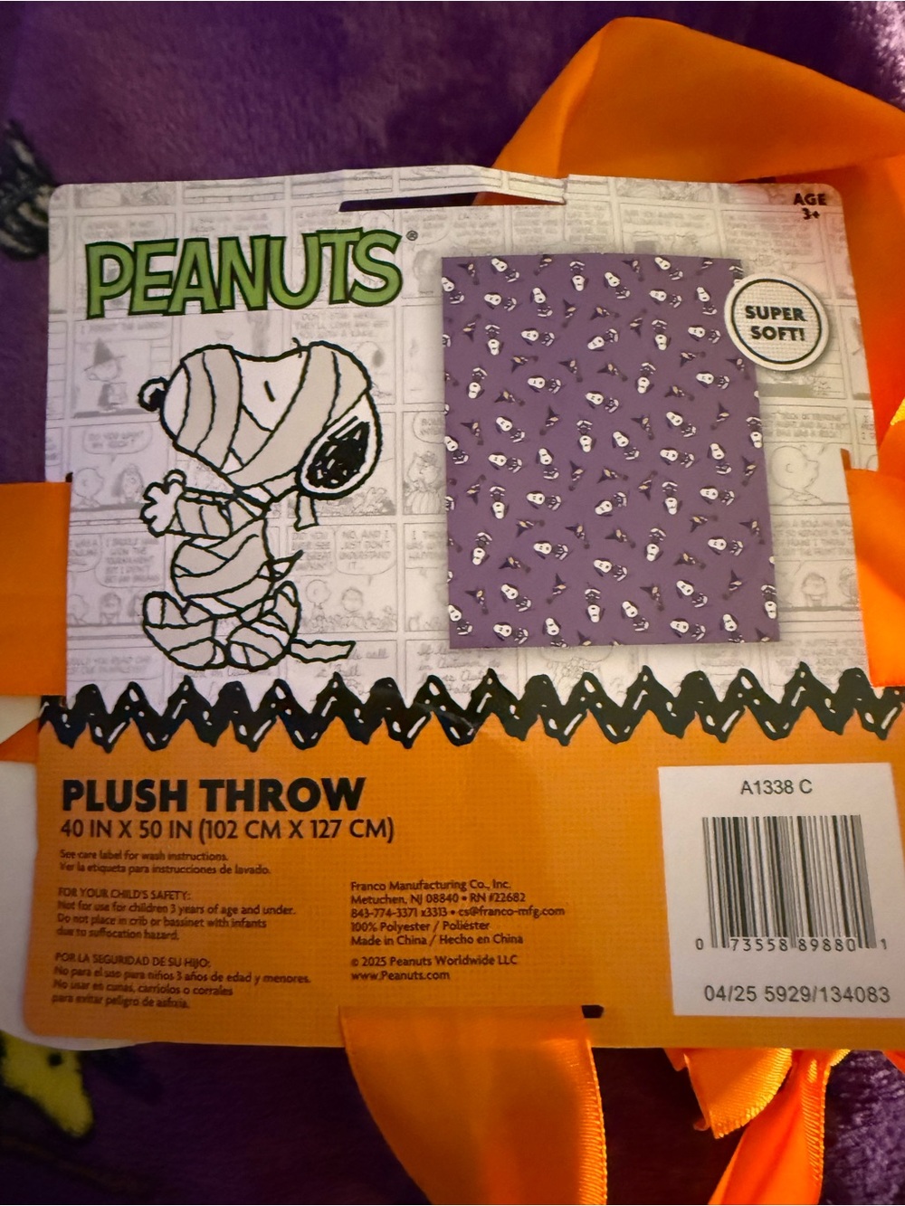 Peanuts Kids Plush Throw - Purple with Orange Accents